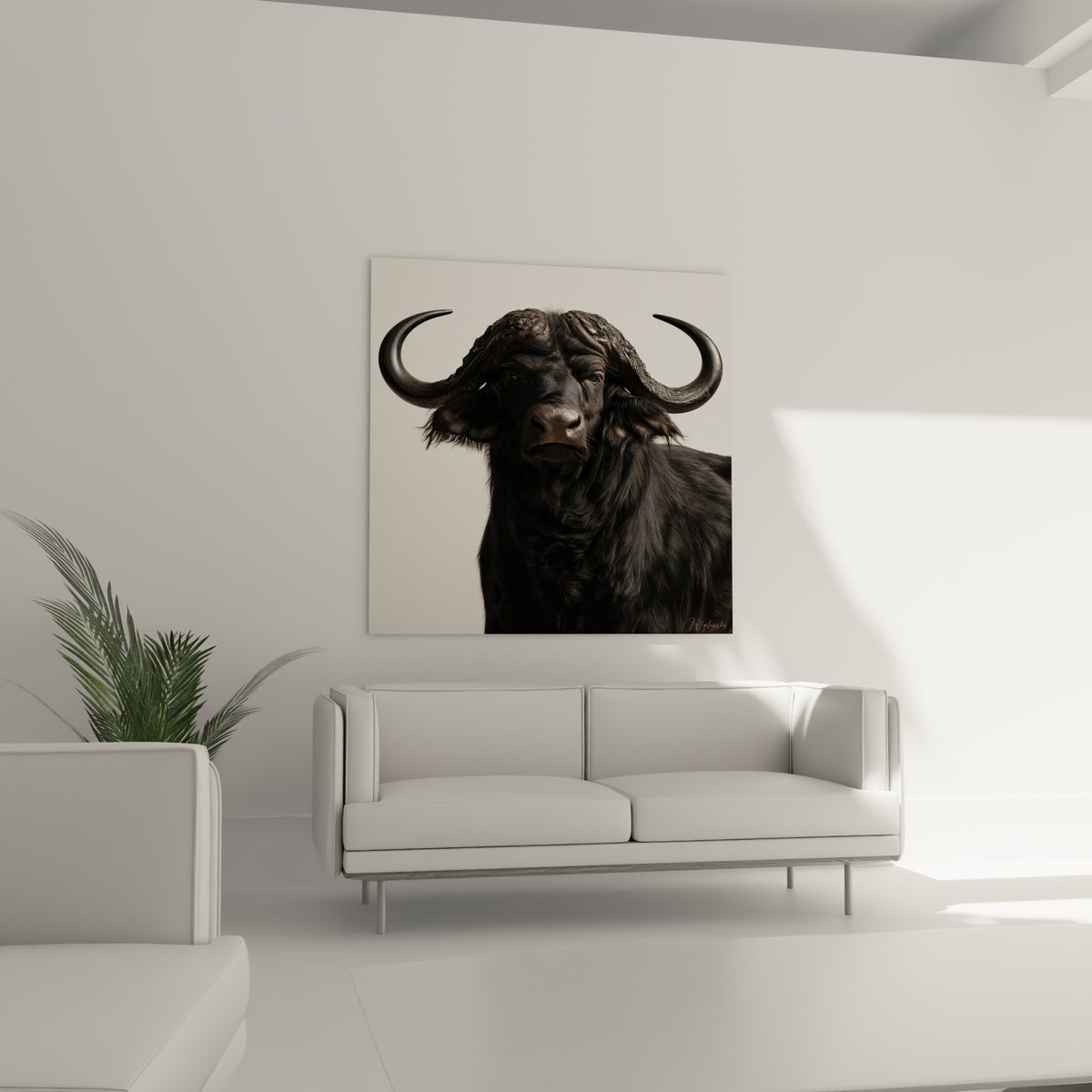 Regard sombre du buffle sur fond ivoire, fourrure noire dense, au-dessus d'un canapé dans un salon lumineux