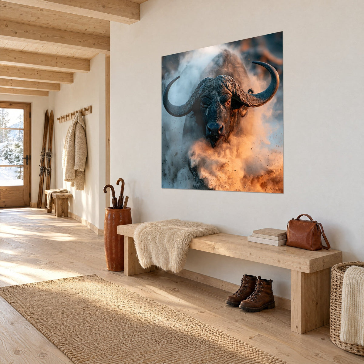 Quadro toro selvatico africano in carica, fronte nera screpolata, polvere arancio e grigia, parete bianca di un corridoio di chalet in legno
