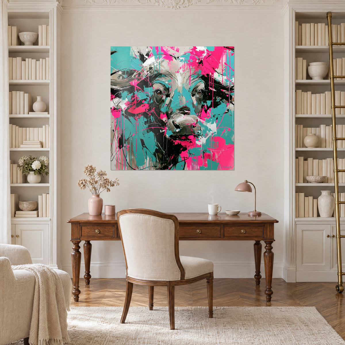 Schilderij buffelsnuit met zwarte lijnen, neonroze en turquoise, tussen twee witte boekenkasten, houten Haussmann-bureau