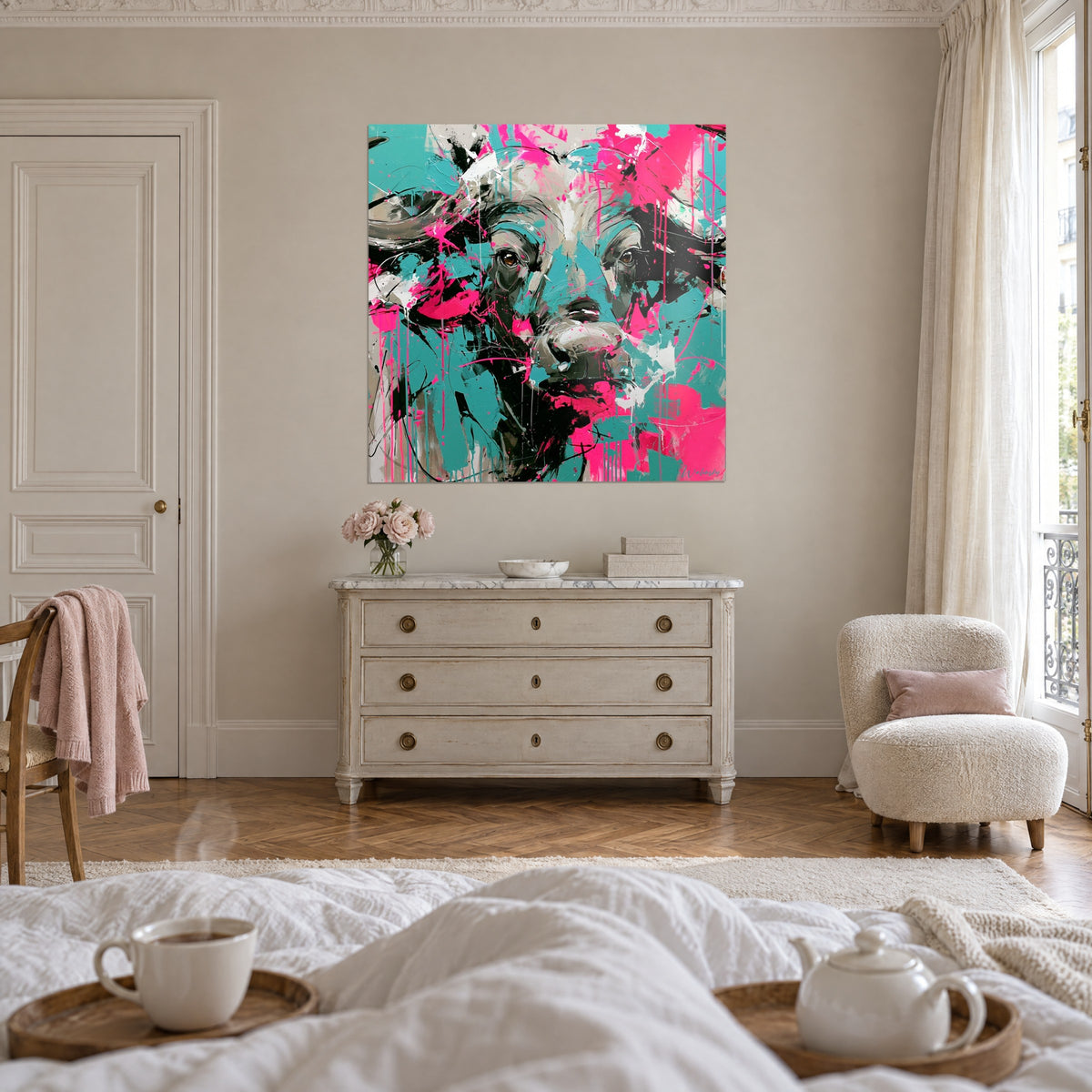 Schilderij gehoornd dier met hazelnootbruine blik, roze, turquoise en witte vlekken, boven een bed in een lichte slaapkamer