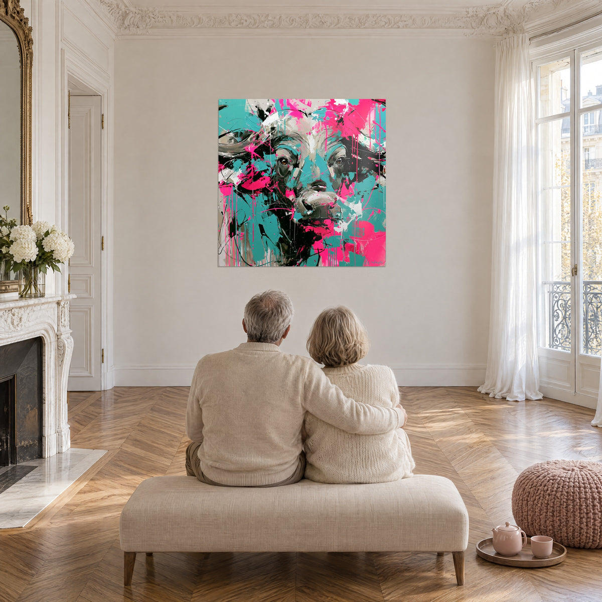 Schilderij buffelgezicht bespat met roze, turquoise en grijs, voor een omhelsd koppel van achteren gezien, lichte Haussmann-woonkamer