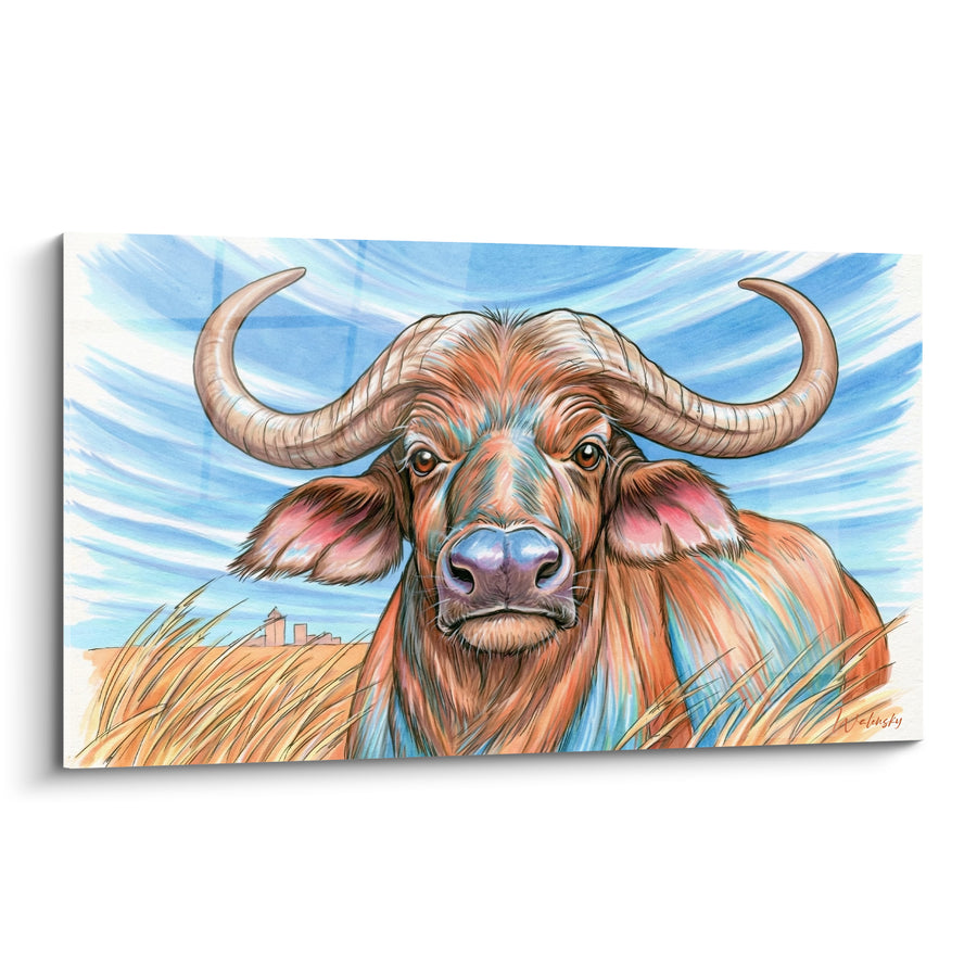 Tableau Buffle roux et bleu aux cornes majestueuses - Regard des savanes - Edition Buffle