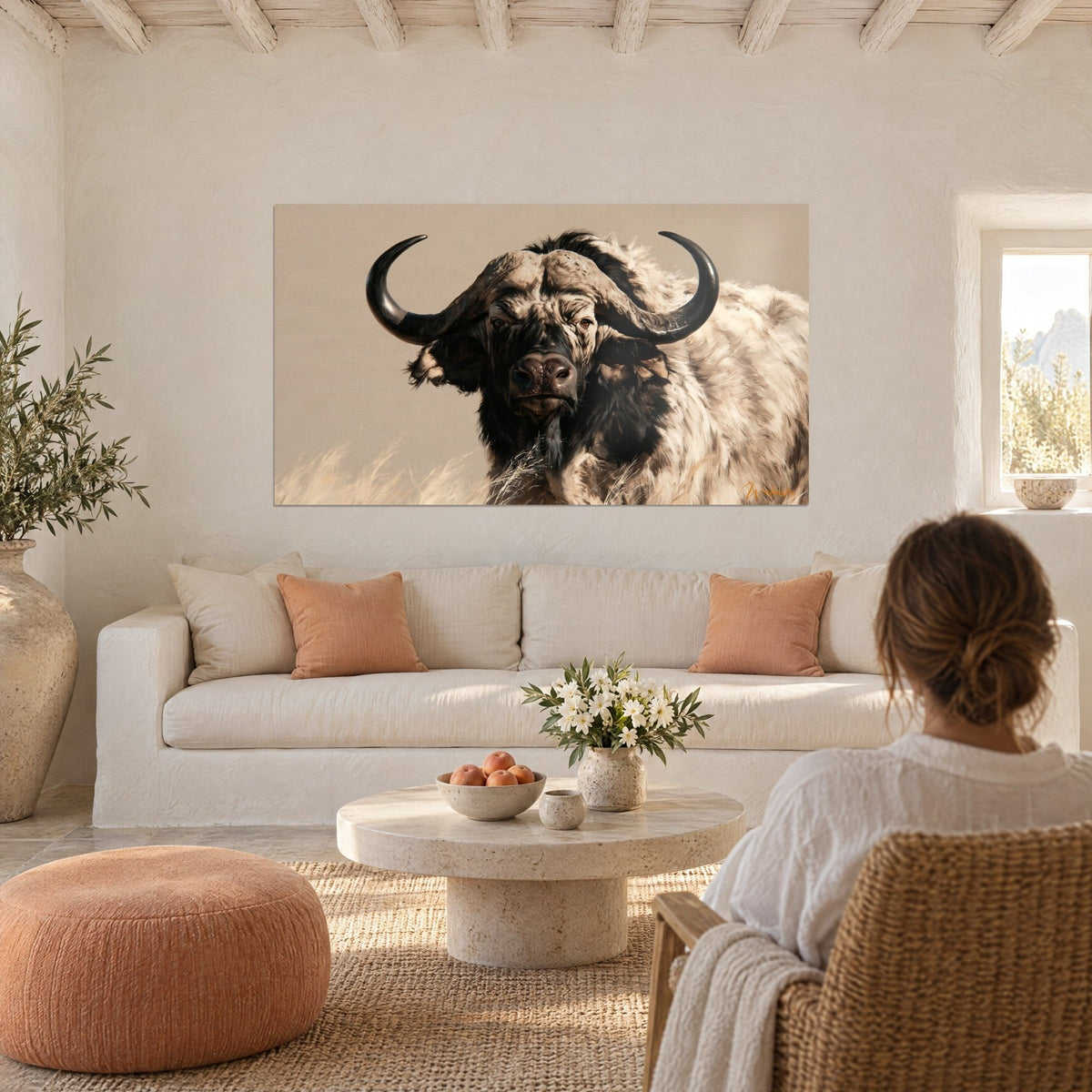 Wall art buffalo with a frontal gaze, anthracite black horns against ivory fur, hung above a sofa in a bright living room