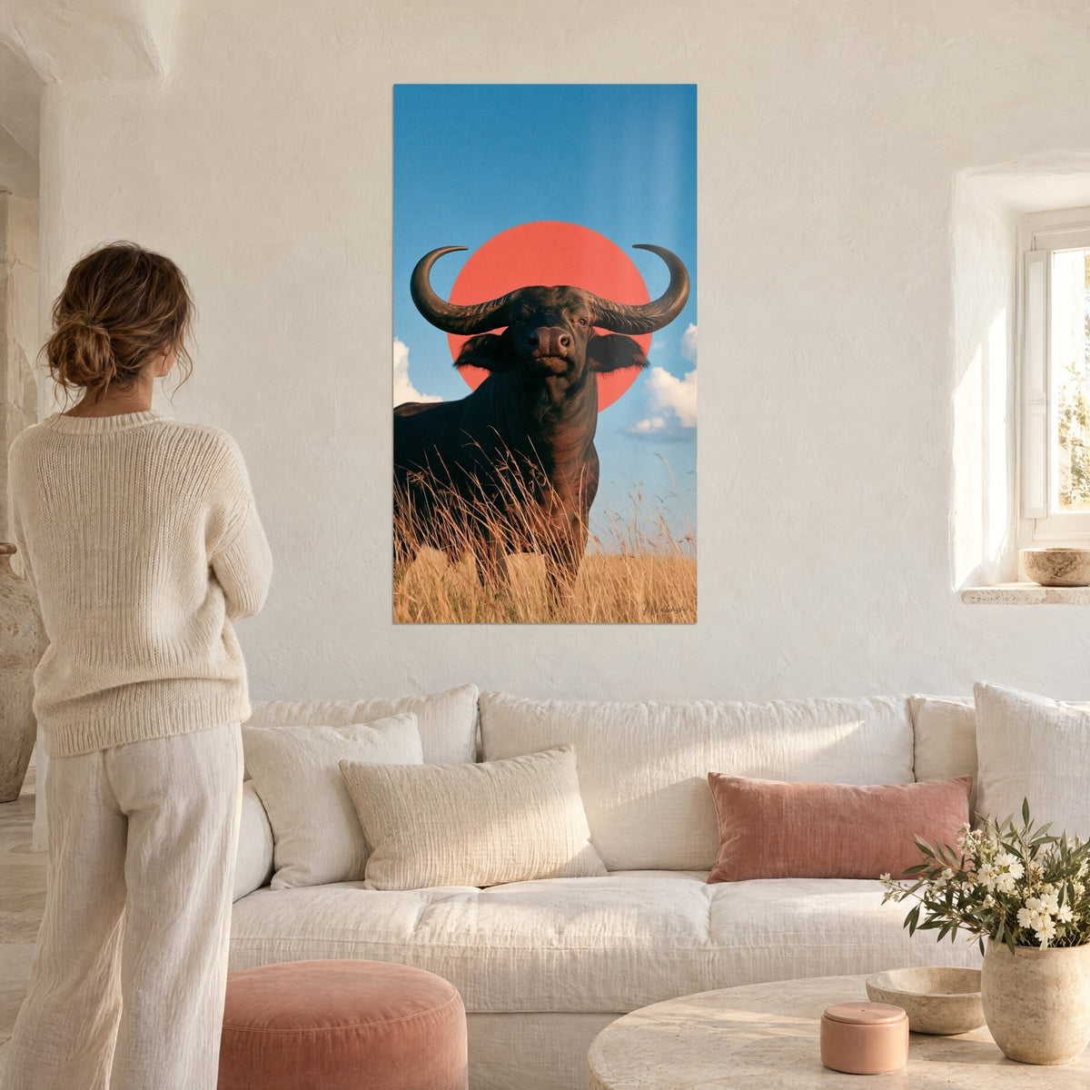 Quadro Bufalo nero dalle corna ricurve davanti a un disco corallo su cielo azzurro, sopra un divano in un soggiorno luminoso