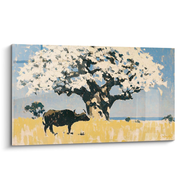 Tableau Buffle noir sous arbre blanc et bleu - Ombre paisible - Edition Buffle