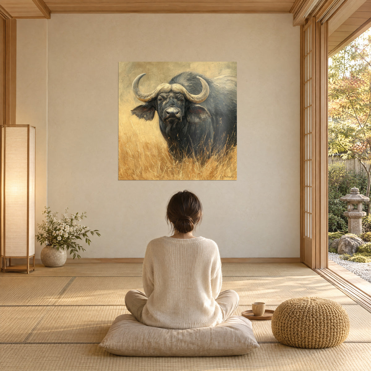 Tableau grand ruminant de la savane, pelage noir bleuté et herbes d'or, contemplé par une femme de dos assise sur un coussin, salle zen