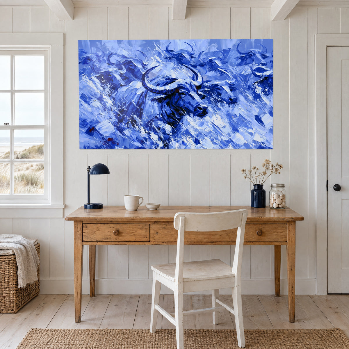 Wall art horned beast in midnight blue sculpted with white touches, subtle red highlights, above a light wood desk, seaside