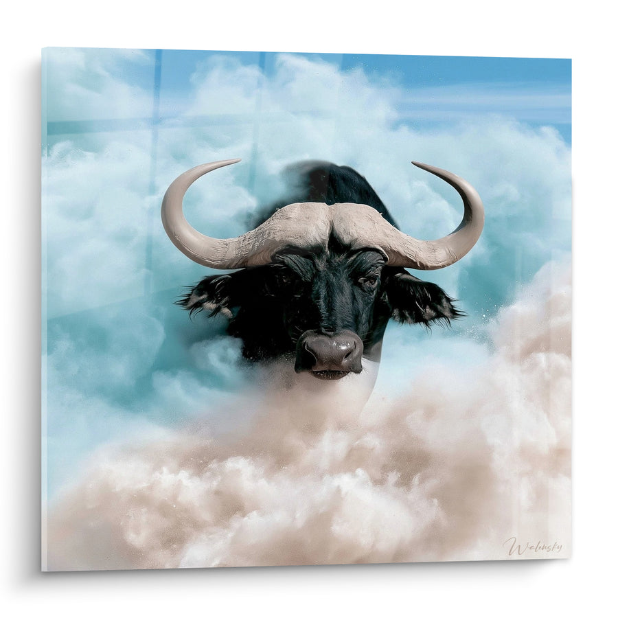 Tableau Buffle noir émergeant de nuages bleutés - Apparition céleste - Edition Buffle