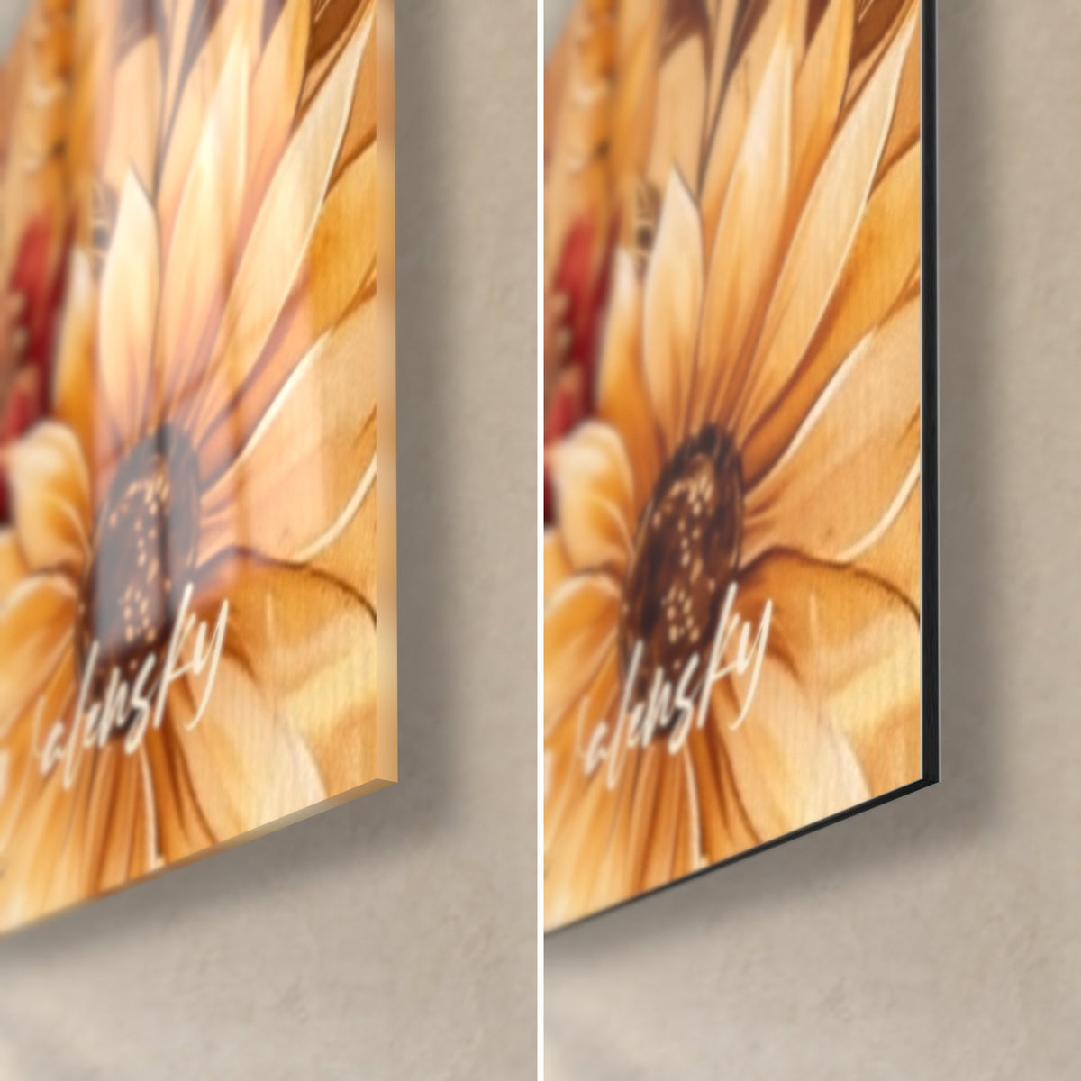 Gemälde einer bernsteinfarbenen Sonnenblume mit braunem Herz, glänzendes Acrylglas links, matter Dibond-Alu rechts, schwarze Kante von 3 mm