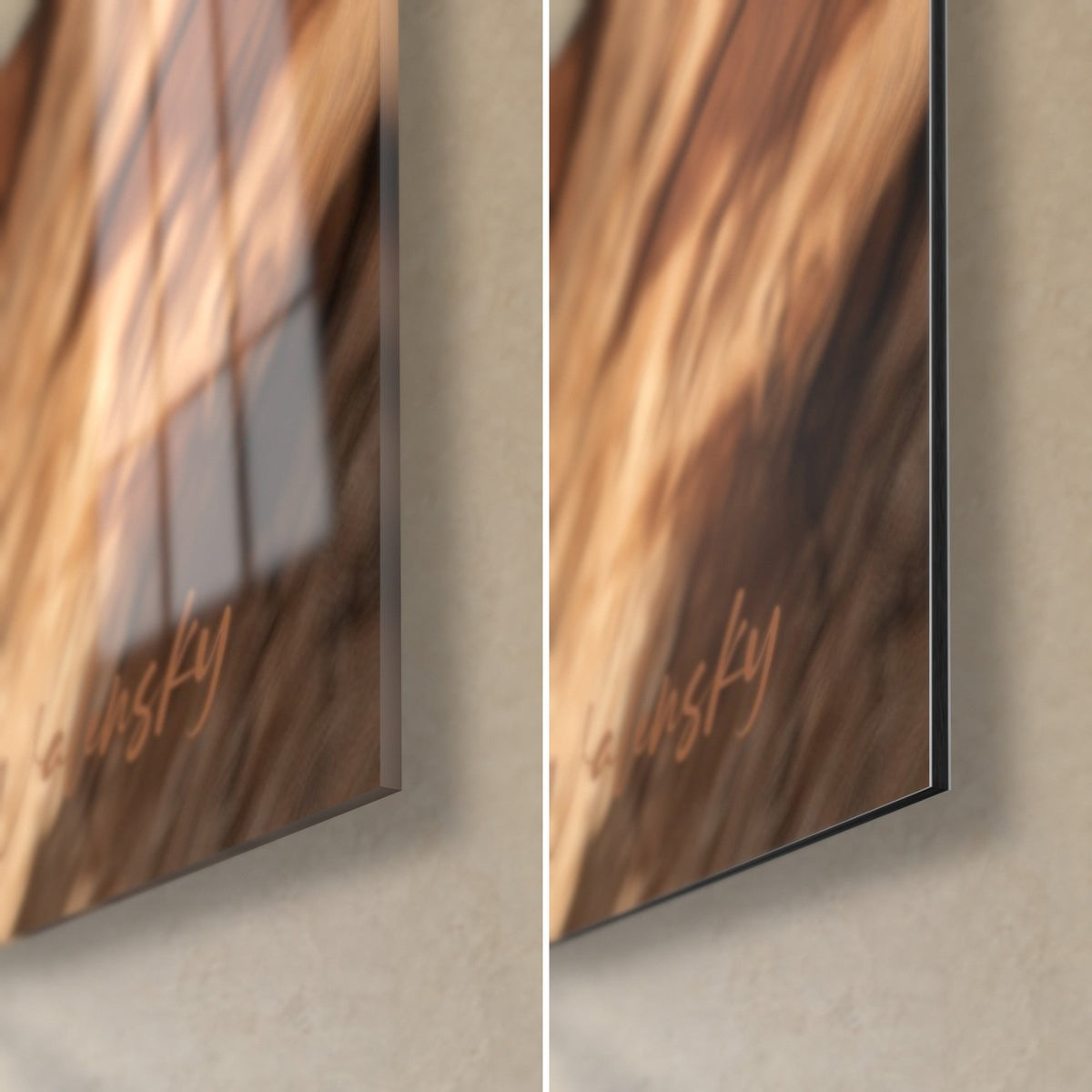 Schilderij koe met bruine vacht, rechtsonder: glanzend acrylglas dat het raam weerspiegelt, mat zwart Dibond-aluminium, 3 mm dikte