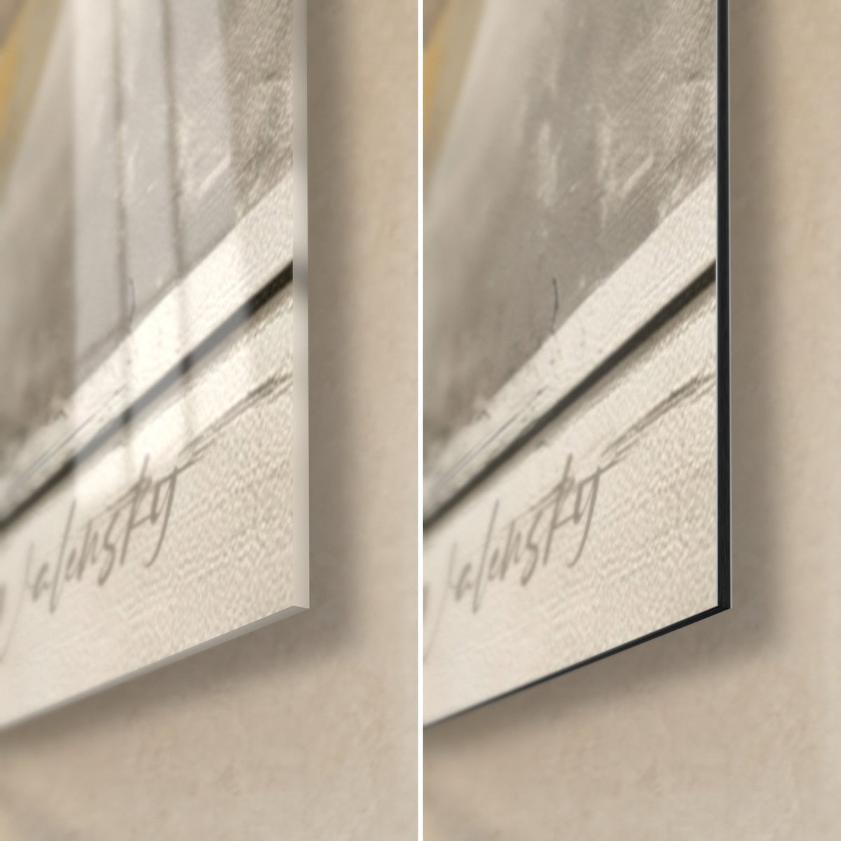 Schilderij gouden stalen bizon, rechtsonder: glanzend acrylglas en mat crèmekleurig Dibond-aluminium, zwarte rand van 3 mm
