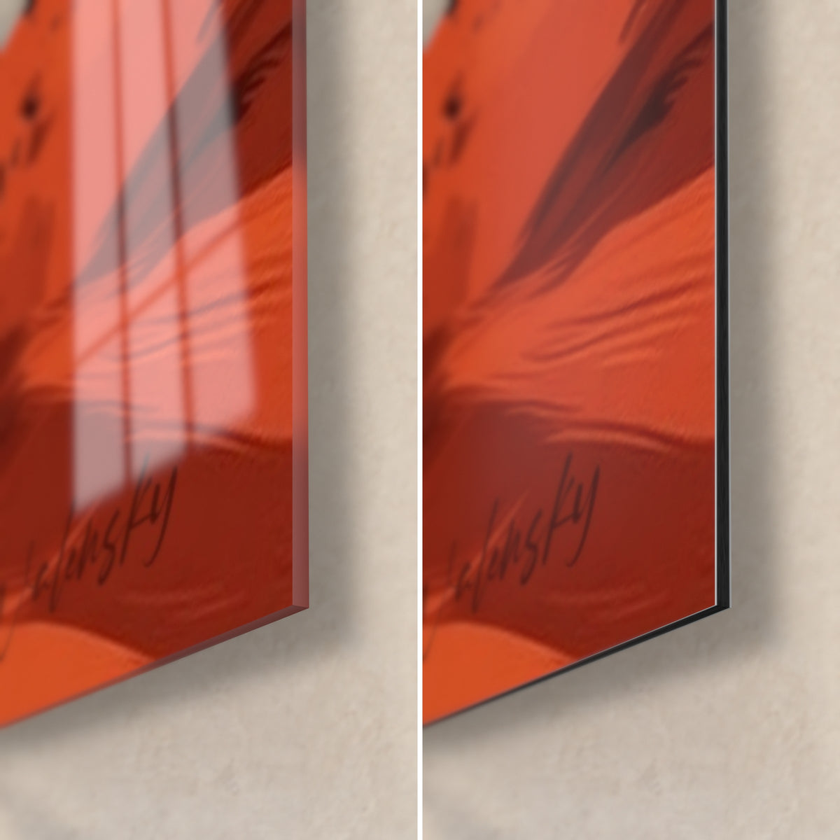 Wall art black horned beast in full stride, bottom right corner: glossy acrylic glass on the left, matte red Dibond aluminium on the right