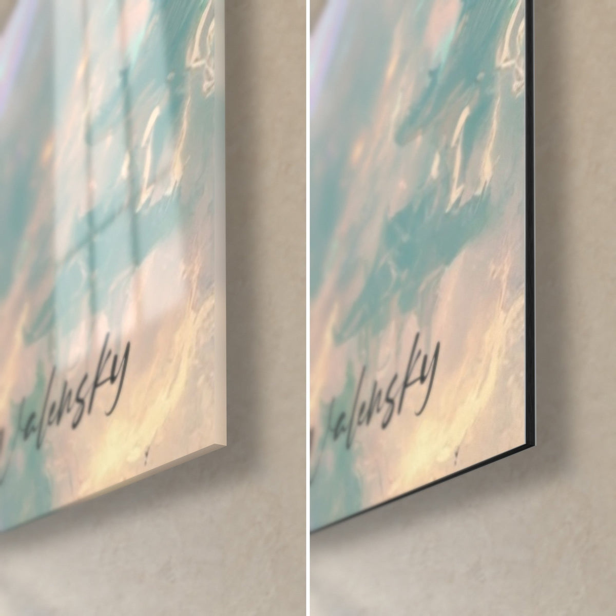 Tableau esprit gardien cornu, coin bas droit : verre acrylique brillant et reflets à gauche, Dibond mat à droite, tranche de 3 mm et signature