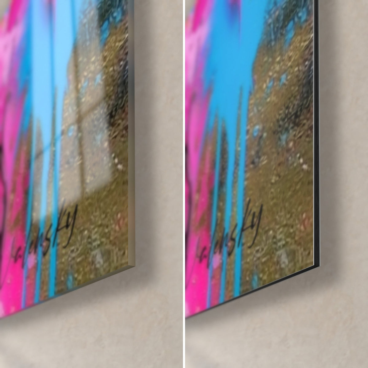 Tableau bison couronné rose vif et doré, coin bas droit : verre acrylique brillant à gauche, alu Dibond mat à droite, tranche fine