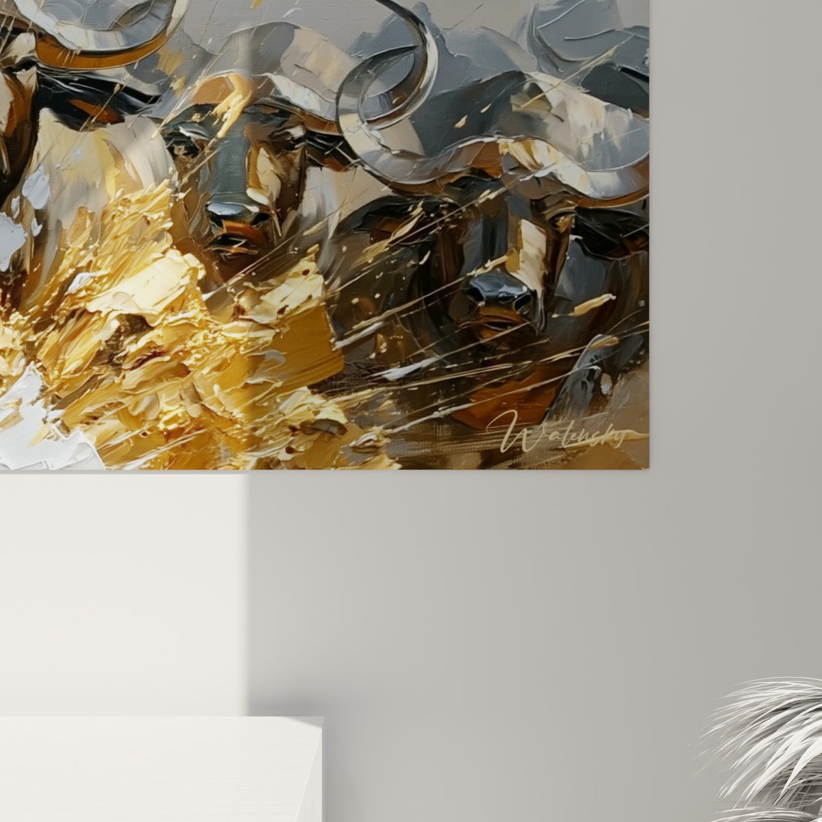 Empâtements dorés et gris se mêlent sur les cornes du buffle, révélant le grain épais de la peinture.