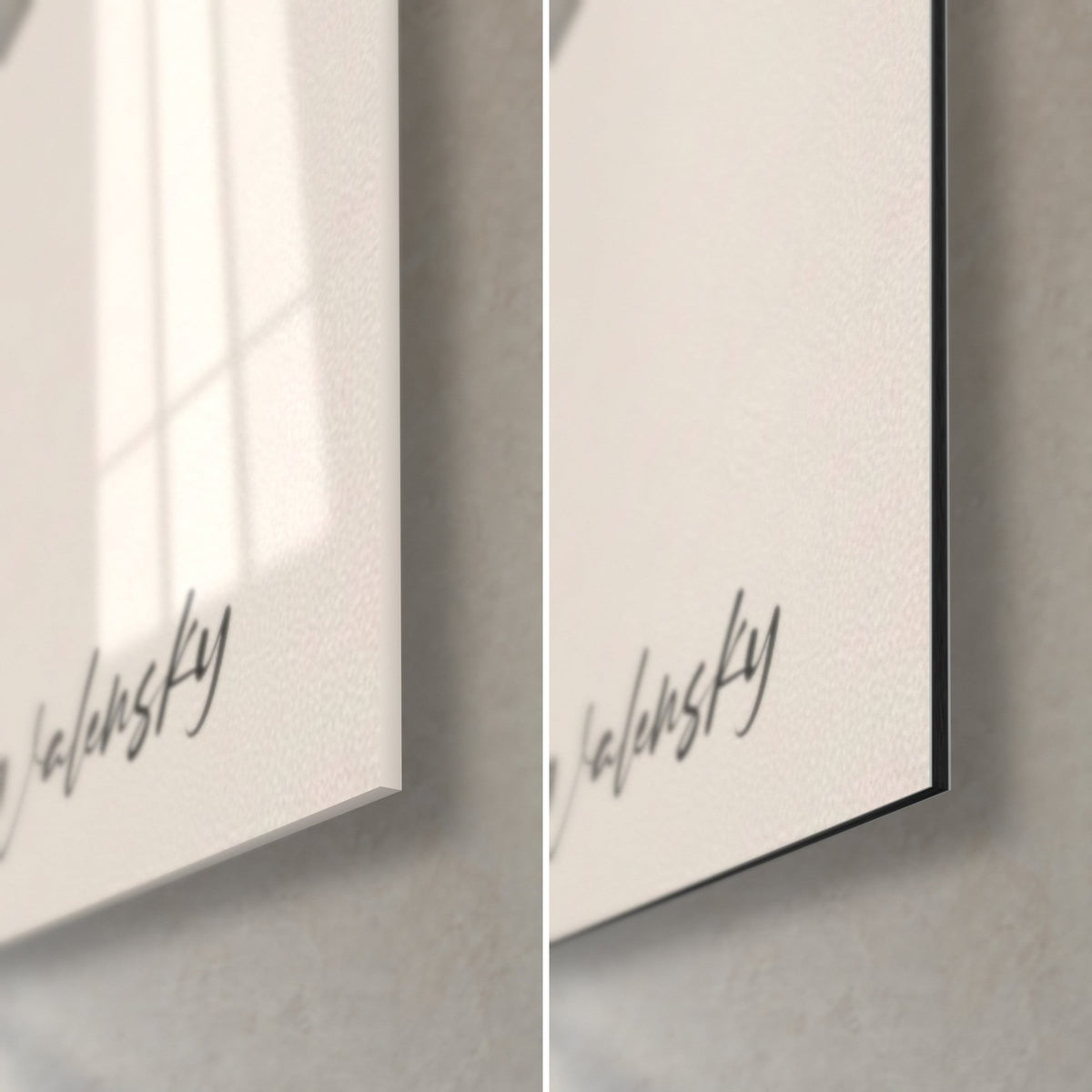 Tableau chaman couronné de fleurs, signature Walensky noire sur fond beige, verre acrylique brillant et alu Dibond mat, tranche de 3 mm