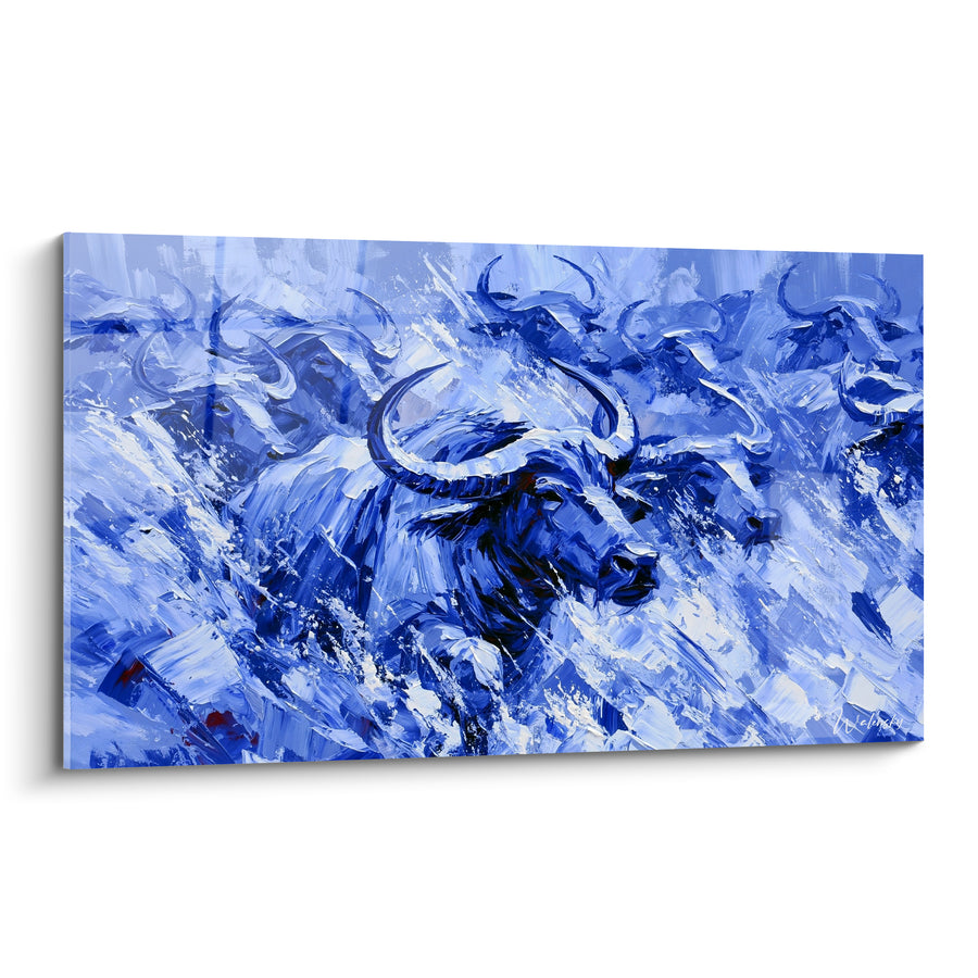 Tableau Troupeau bleu marine et blanc aux cornes acérées - Charge glaciale - Edition Buffle