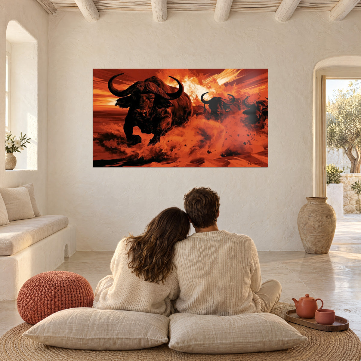 Wall art stampede of buffalo with massive horns, copper dust and orange flames, in front of a couple sitting on cushions