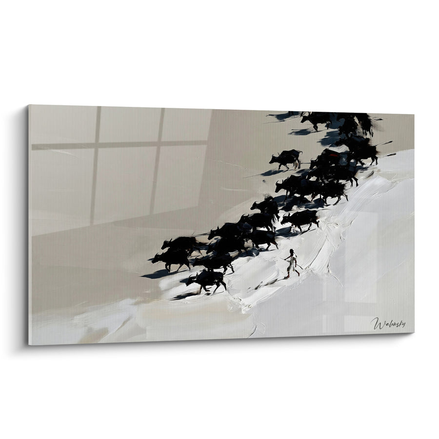 Tableau Troupeau noir et blanc en diagonale - Marche vers l'inconnu - Edition Buffle