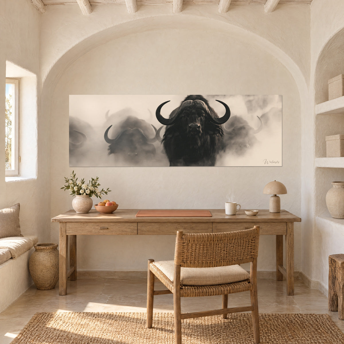 Wall art Buffalo herd in the dust, black leader head-on, sepia and cream background, arched white alcove, wooden desk and wicker chair