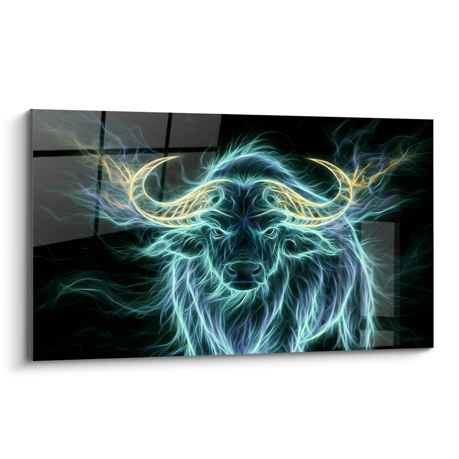 Tableau Buffle turquoise aux cornes dorées lumineuses - Gardien nocturne - Edition Buffle