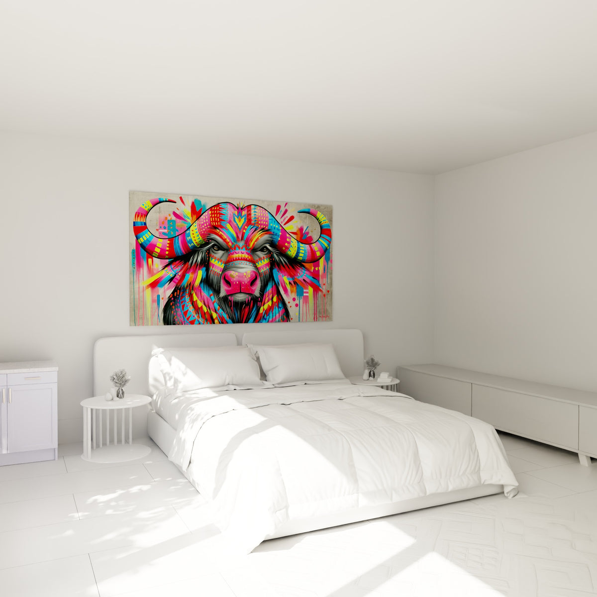 Cornes turquoise et rose du buffle graphique, accroché au-dessus d'un lit dans une chambre claire