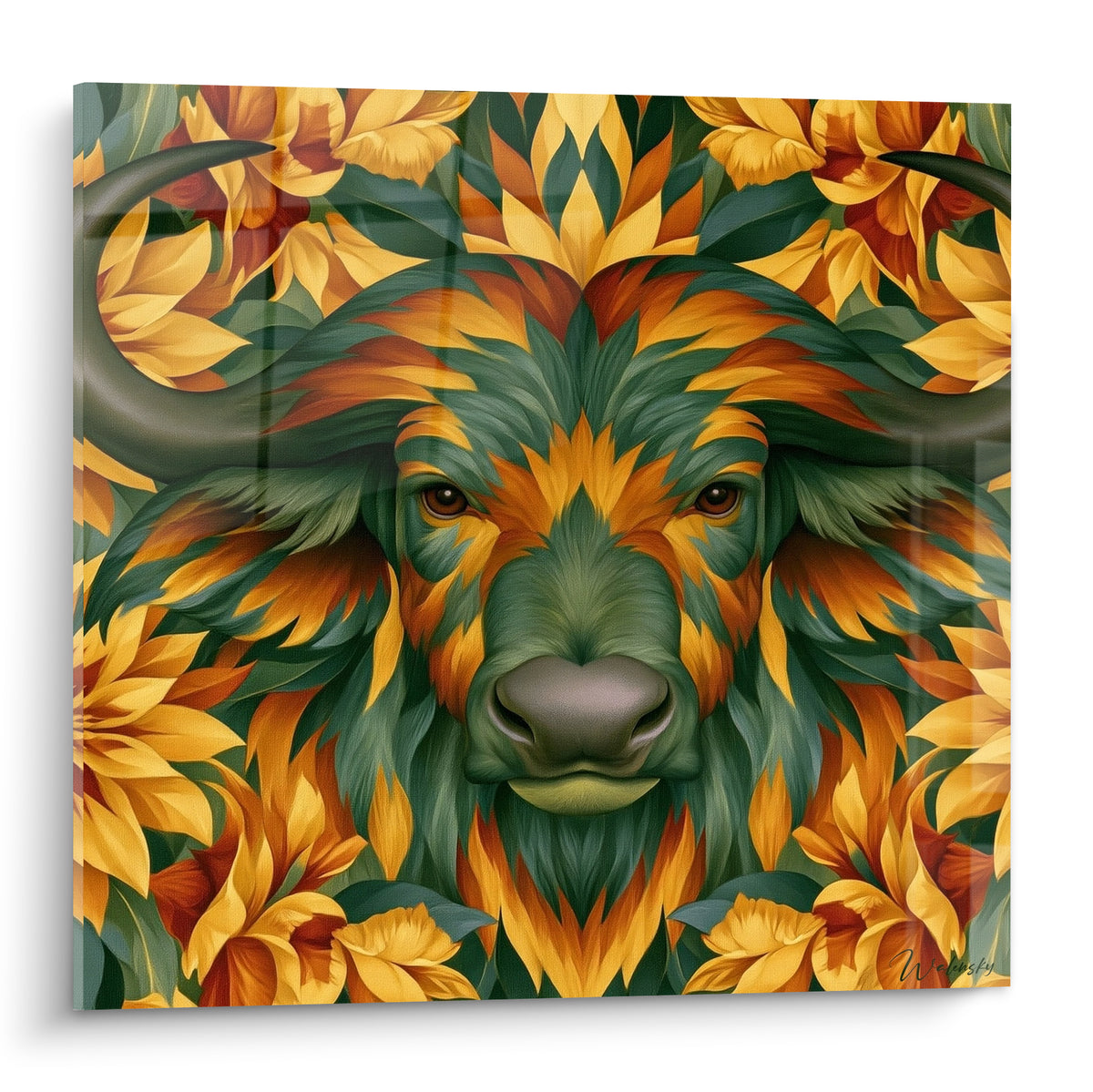 Buffle vert et doré au regard perçant, entouré de fleurs ocre et terracotta stylisées