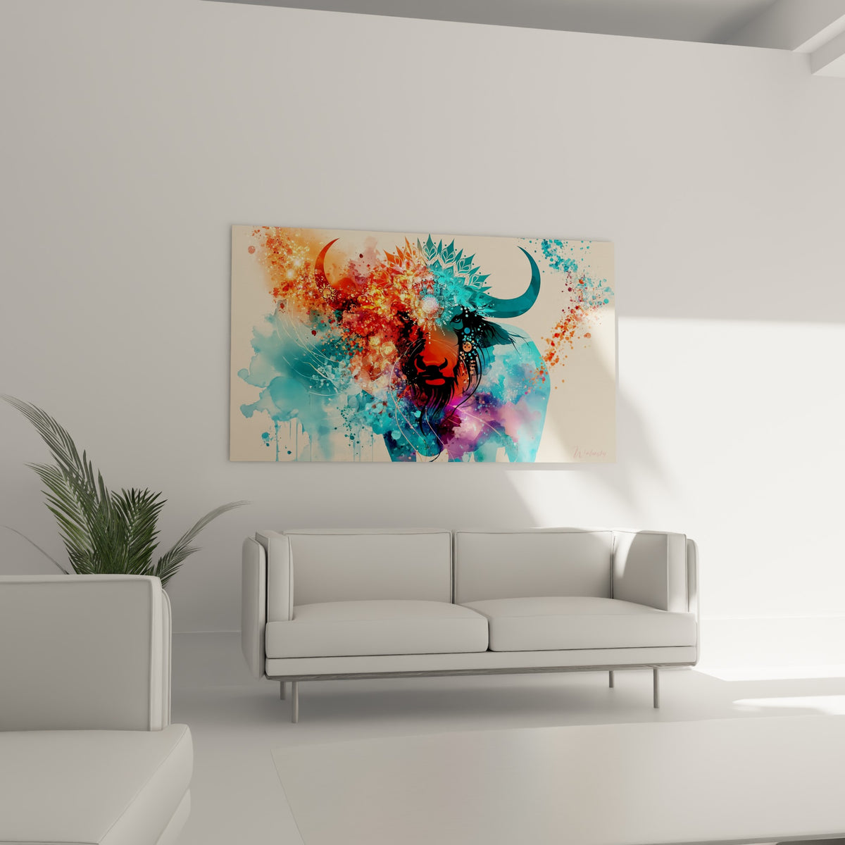 Tête de buffle ornée d'un mandala turquoise et de flammes orangées, au-dessus d'un canapé dans un salon lumineux.