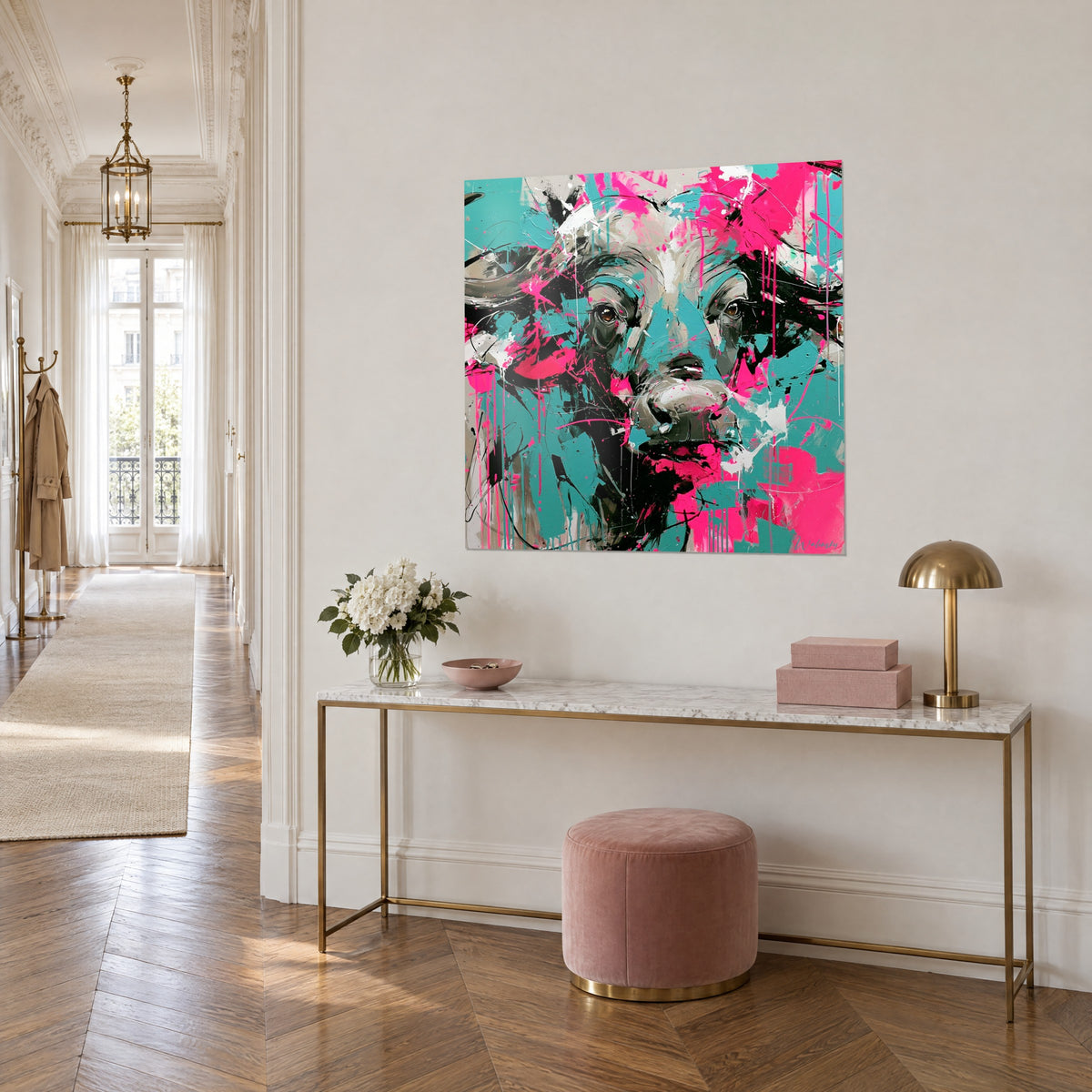 Schilderij portret van een gehoornd rund met fuchsia druipsporen en turquoise vlakken, driekwartaanzicht, vergulde console, Haussmann-parket