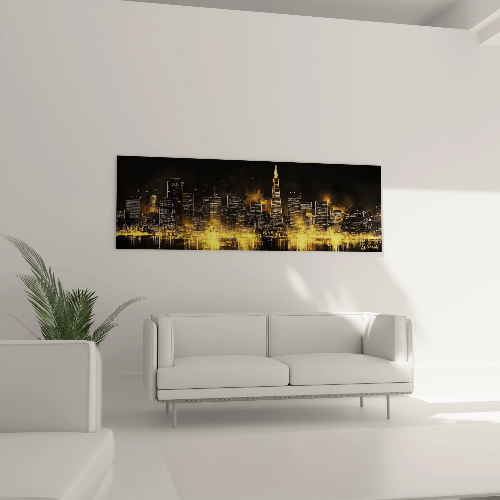 Tableau New York Walensky avec vue nocturne dorée du skyline accroché dans un salon moderne blanc