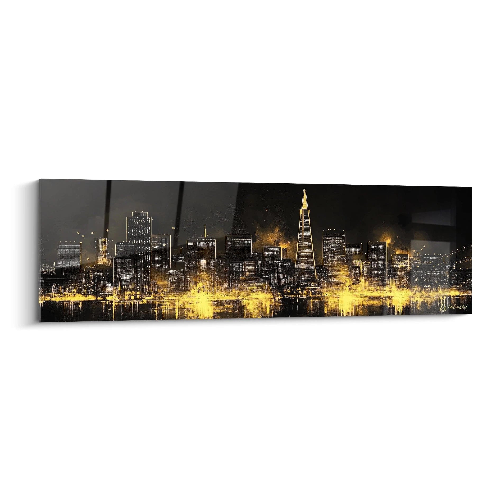 Tableau New York Walensky avec vue panoramique de la ville illuminée la nuit en tons noirs et or