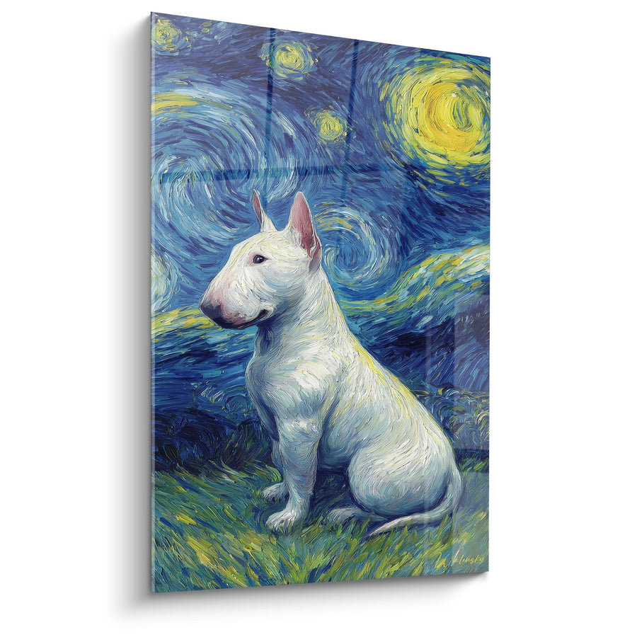 Tableau Bull Terrier Blanc sous Ciel Étoilé Tourbillonnant - Nuit Stellaire - Edition Bull Terrier