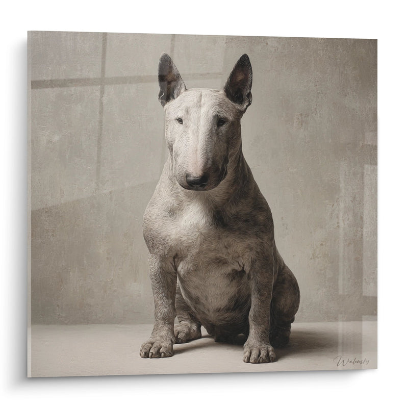 Tableau Bull Terrier Blanc Assis Portrait Monochrome - Élégance Canine - Edition Bull Terrier