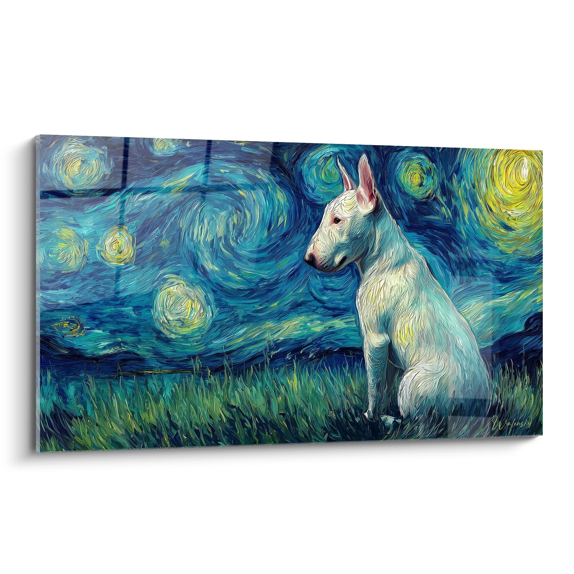 tableau bull terrier blanc tourbillons bleus style van gogh nuit etoilee art canin decoration murale