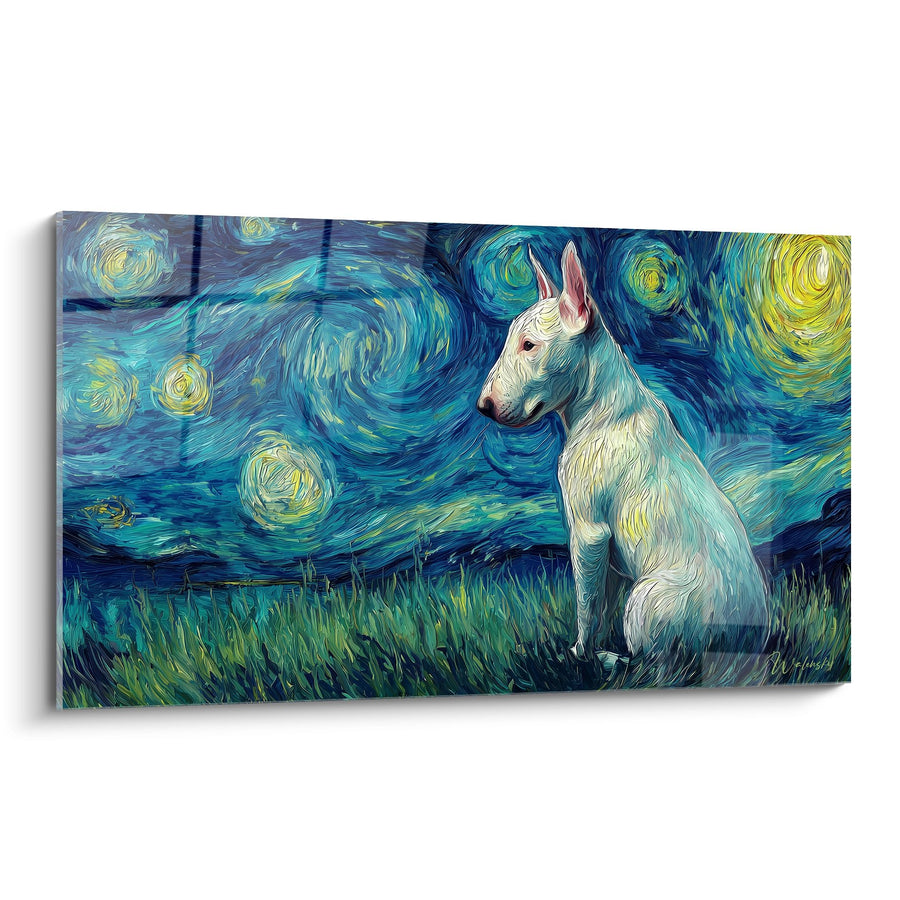 Tableau Bull Terrier Blanc sur Tourbillons Bleus - Nuit Étoilée Canine - Edition Bull Terrier