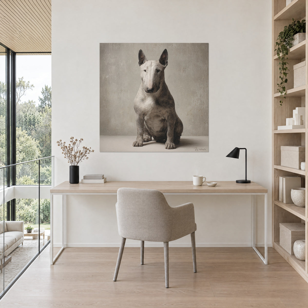 Obraz bull terrier o masywnych łapach na kremowej podłodze, kamienne szare tło, zawieszony nad biurkiem z jasnego dębu