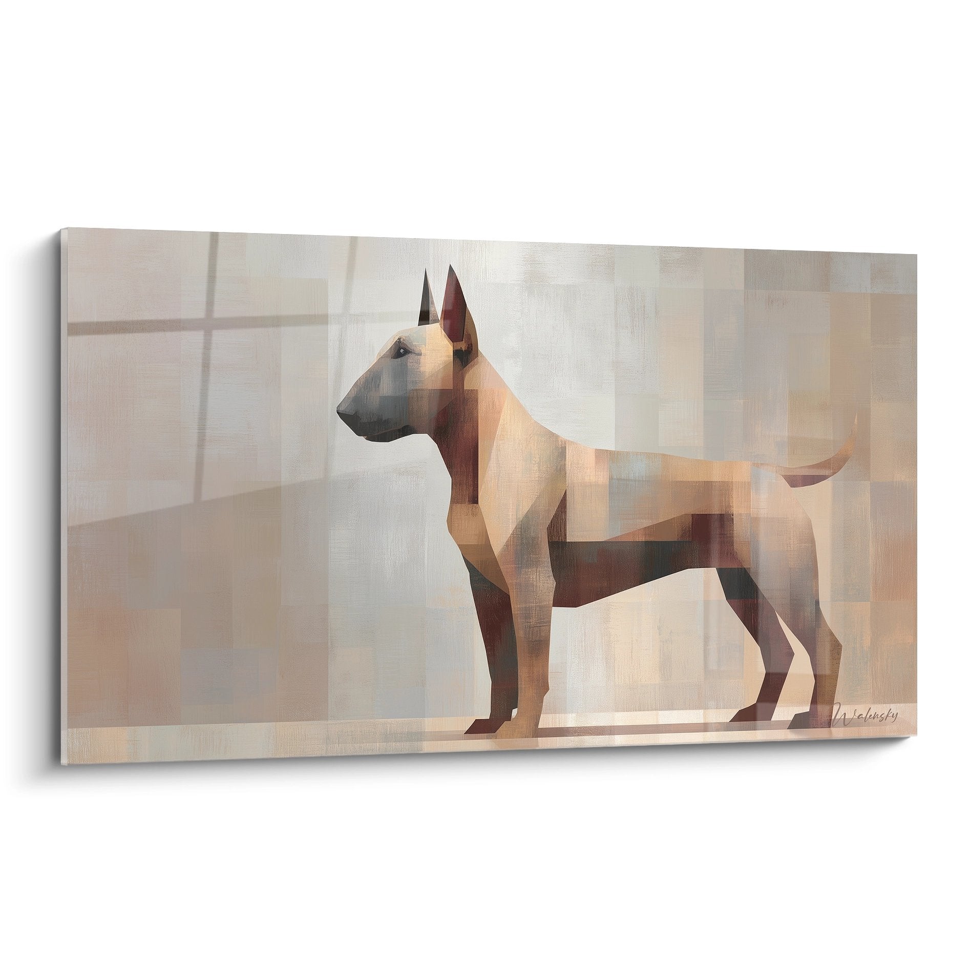 Portrait géométrique de Bull Terrier aux tons beiges et marrons, style polygonal moderne sur fond clair