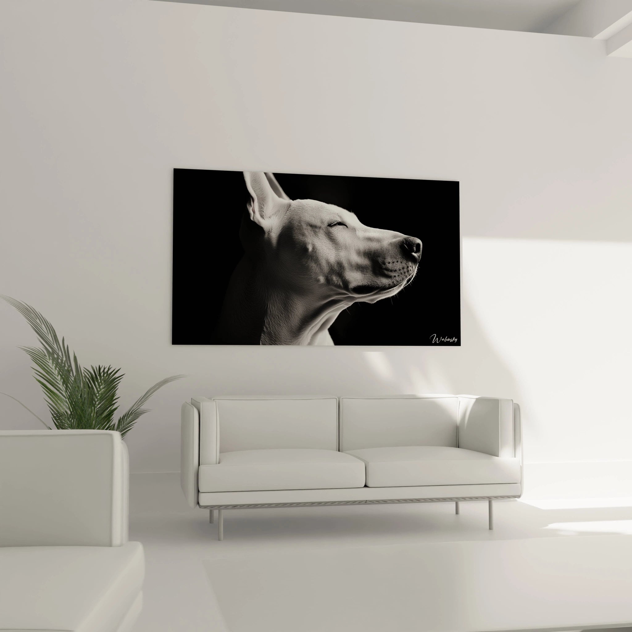 Un tableau Bull Terrier en profil latéral montrant l'expression sereine du chien blanc sur arrière-plan noir. La précision photographique révèle les textures fines du pelage court et brillant, avec un jeu subtil d'ombres modelant sa musculature.
