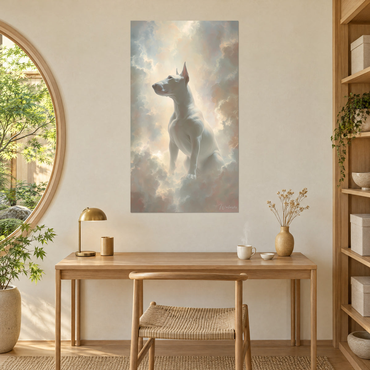 Πίνακας πορτρέτο ελεφαντοστέινου bull terrier σε γκρι-μπλε και χρυσό συννεφιασμένο ουρανό, κρεμ τοίχος, ξύλινο γραφείο, στρογγυλό παράθυρο, φωτεινό γραφείο