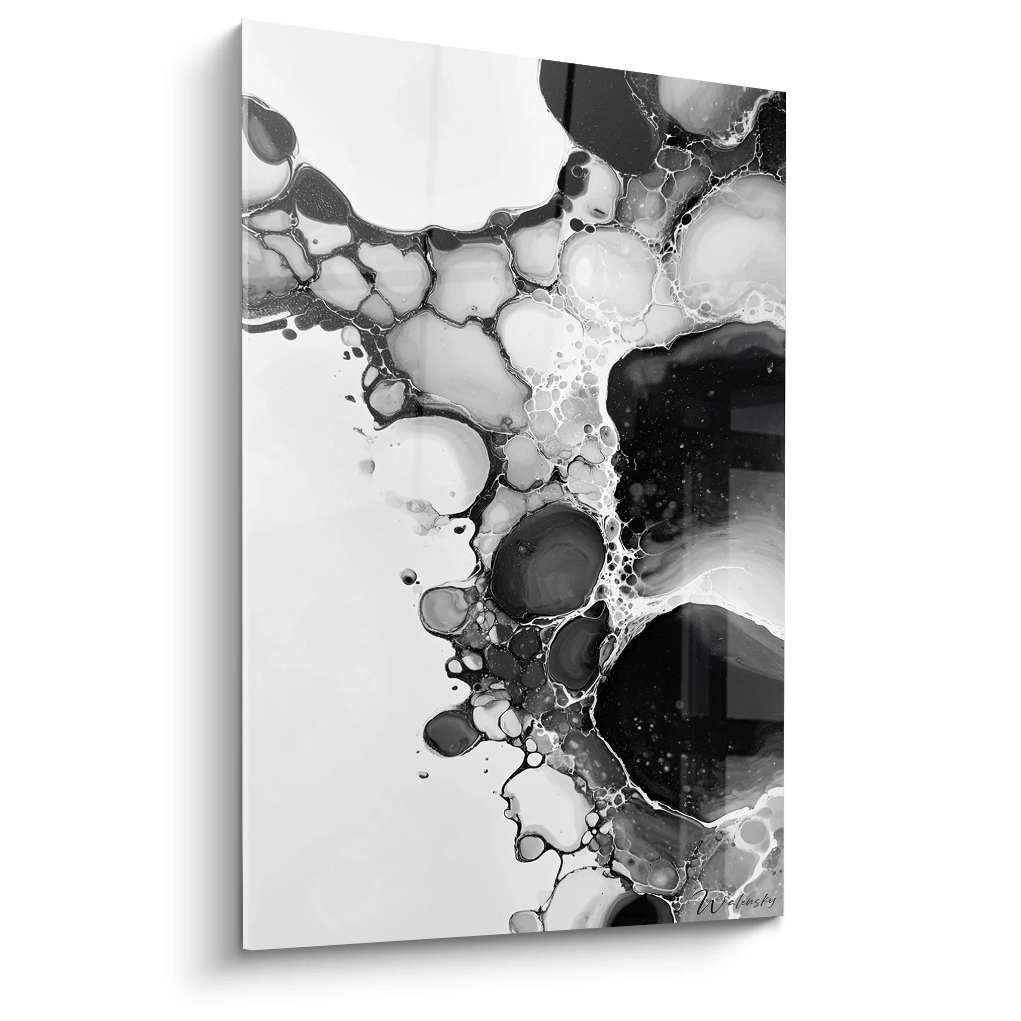 Tableau bulles abstraites noir et blanc, art mural moderne avec formes organiques flottantes
