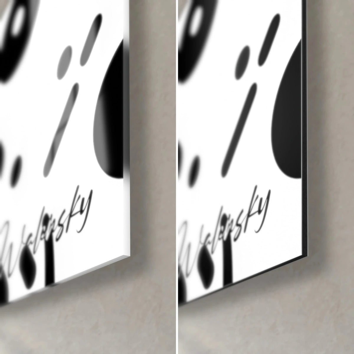 Schilderij met zwarte bellen op wit, rechtsonder, glanzend acrylglas met reflecties en mat grijs Dibond, rand van 3 mm