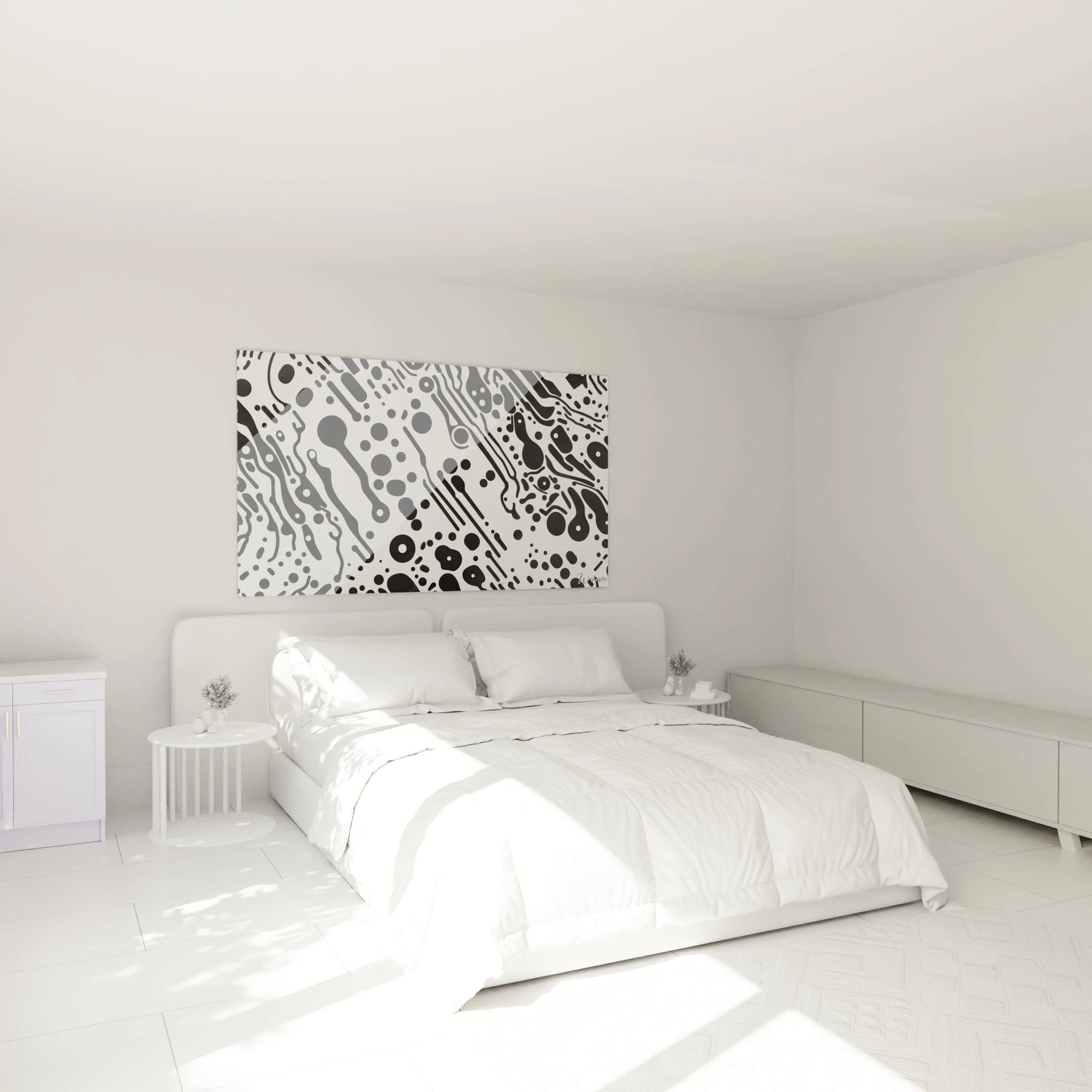 Tableau tacheté noir et blanc de Walensky accroché au-dessus d'un lit dans une chambre minimaliste