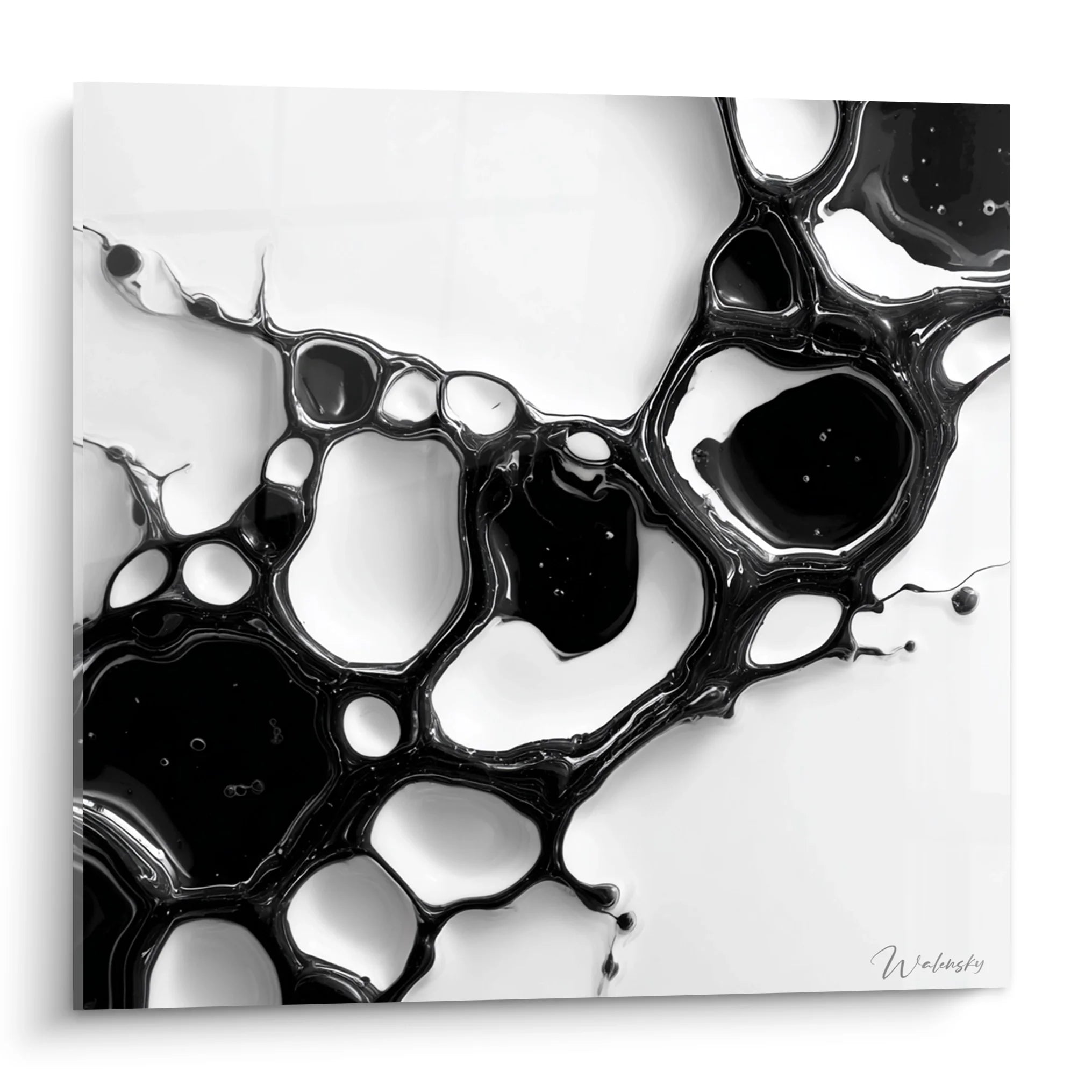 Tableau abstrait bulles noires organiques sur fond blanc - Art mural moderne noir et blanc