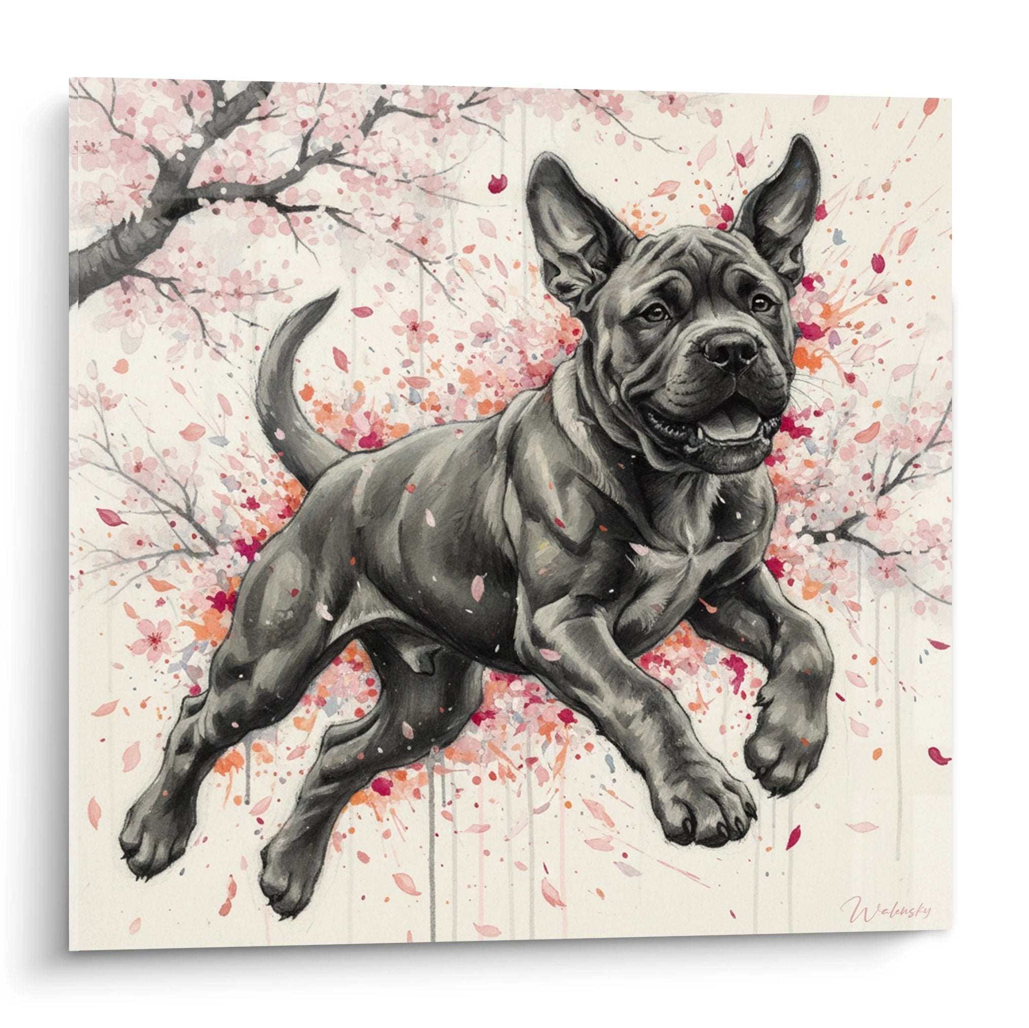 tableau bullmastiff gris bondissant pétales roses cerisier éclaboussures oranges art contemporain