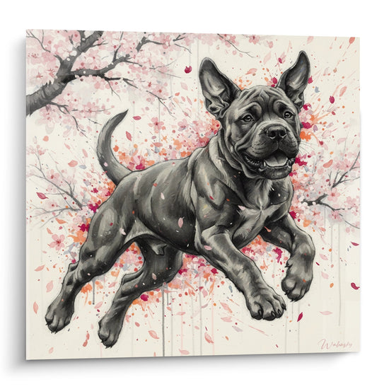 quadro bullmastiff grigio che salta petali rosa ciliegio schizzi arancioni arte contemporanea