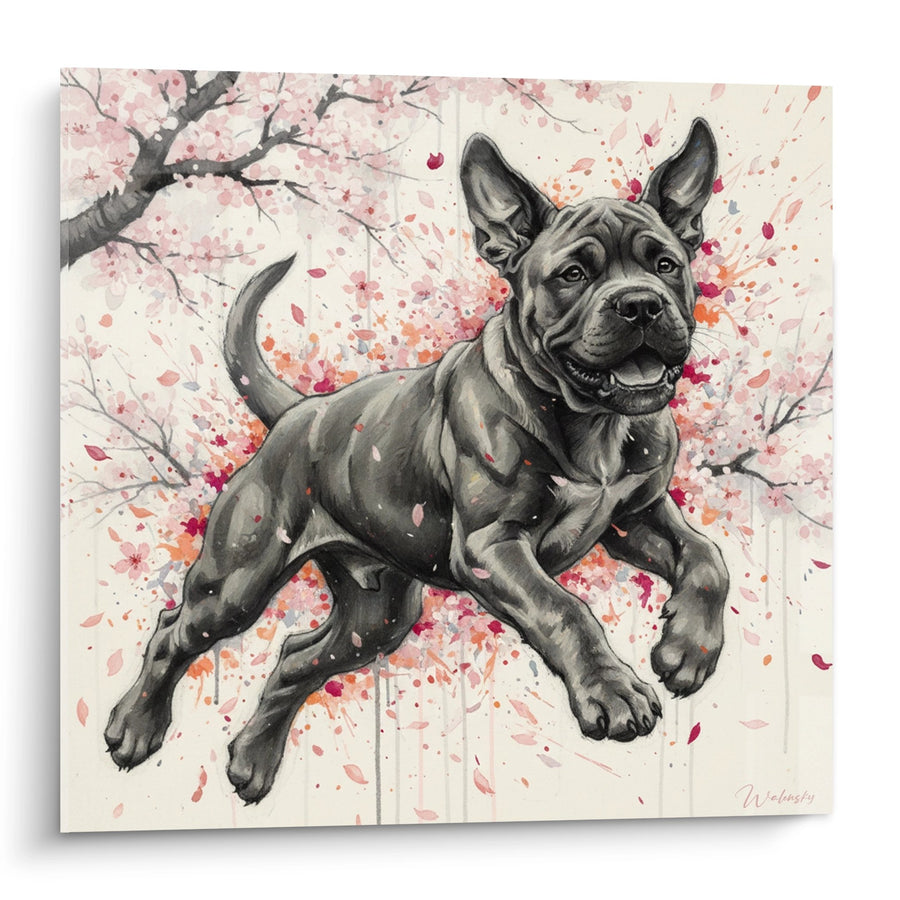 Tableau Bullmastiff Bondissant sous Fleurs de Cerisier - Énergie Printanière - Edition Bullmastiff