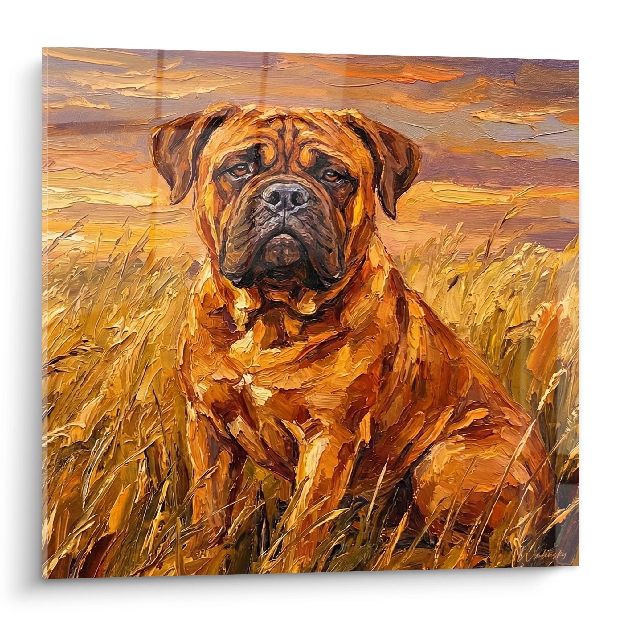 Tableau peinture Bullmastiff fauve dans champ de blé doré, portrait expressif aux empâtements chaleureux