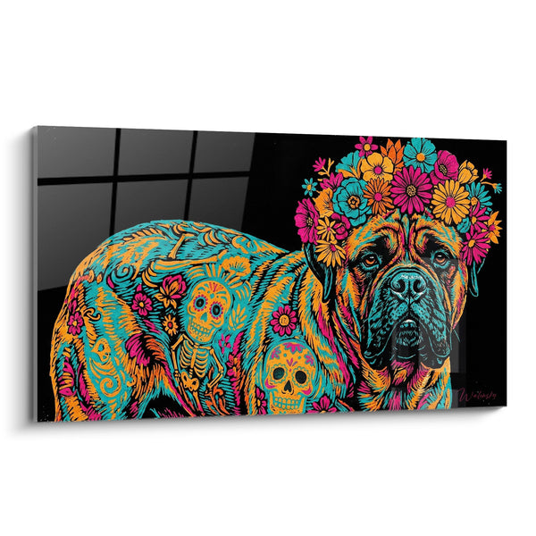 Kleurrijk Bullmastiff Schilderij met Bloemenkrans - Psychedelische Bloemkunst - Editie Bullmastiff
