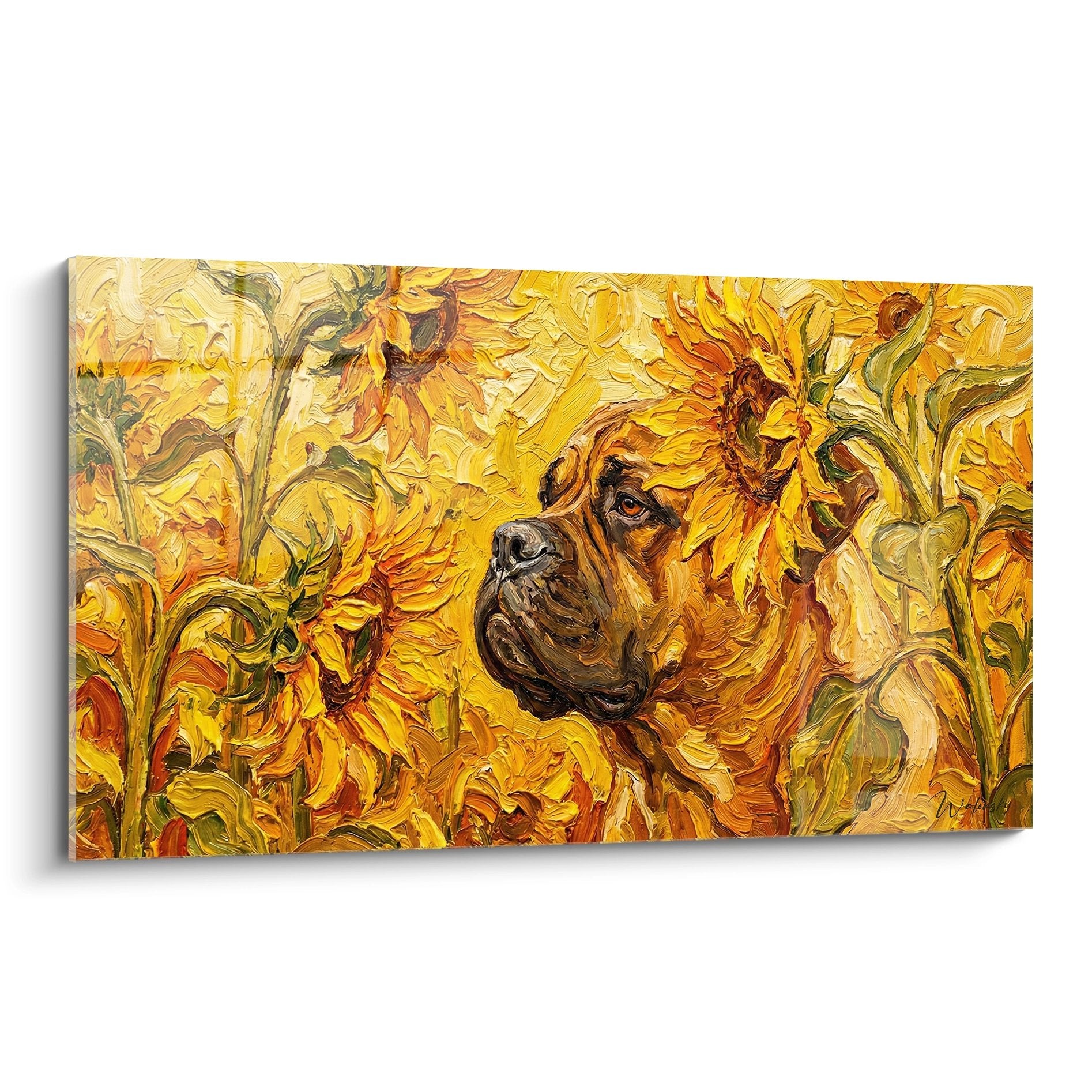 Tableau bullmastiff dore parmi tournesols jaunes style impressionniste peinture chaleureuse