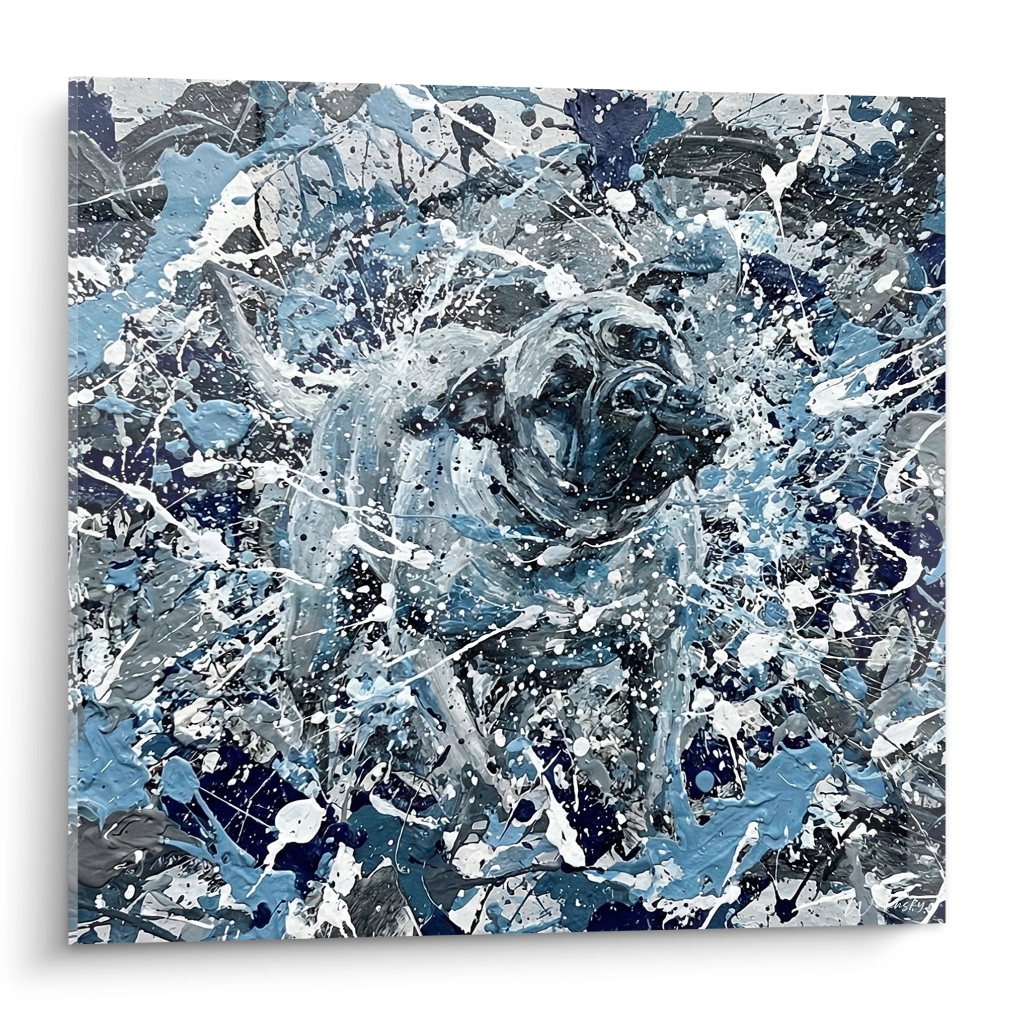 Tableau expressionniste Bullmastiff éclaboussures bleues blanches art contemporain chien portrait moderne
